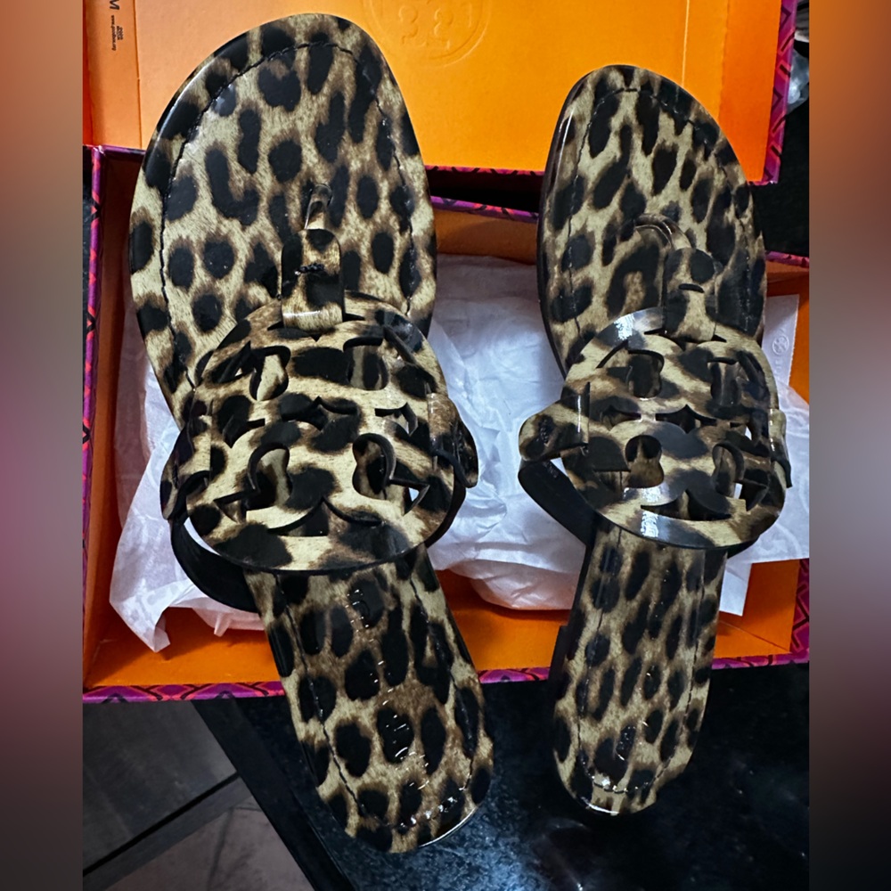 Tory Burch miller patent leopard print sandals